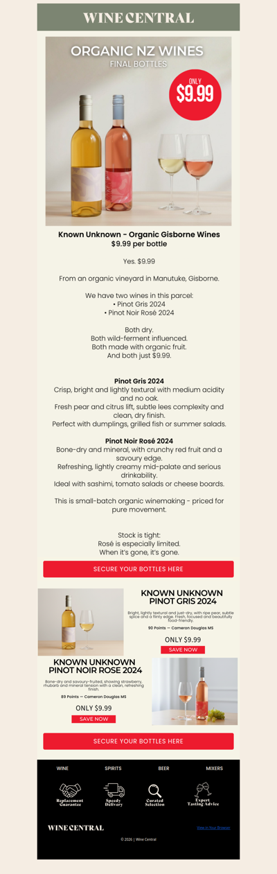 $9.99 Organic Wine - NZ Rosé & Pinot Gris