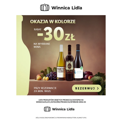 Wina z rabatem -30zł! Rezerwuj za min. 180zł!