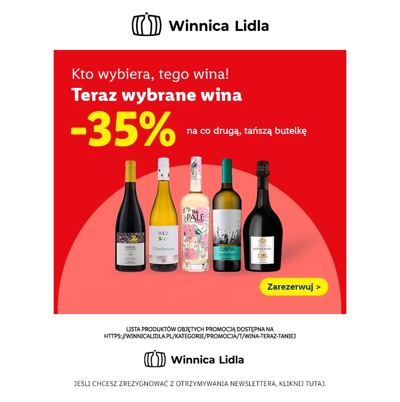 -35% na co drugą, tańszą butelkę wina!