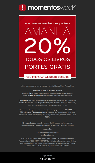 Não perca 📢 Amanhã 20% em todos os livros e portes grátis 📚
