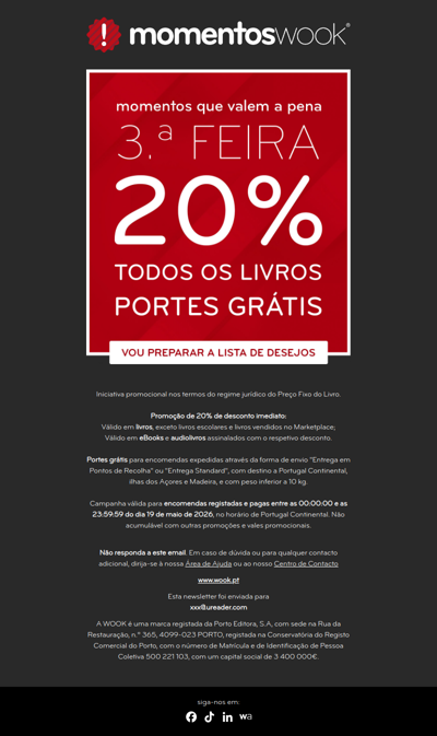 📢 Amanhã é dia de MOMENTOS WOOK! 20% em todos os livros e portes grátis 📚