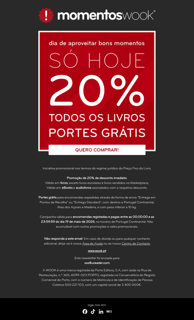 MOMENTOS WOOK - 📢 Só hoje: 20% e portes grátis em todos os livros 📚