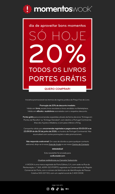 MOMENTOS WOOK - 📢 Só hoje: 20% e portes grátis em todos os livros 📚