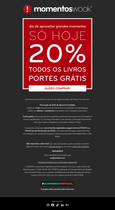 Hoje Momentos WOOK 📢 20% e portes grátis em todos os livros!