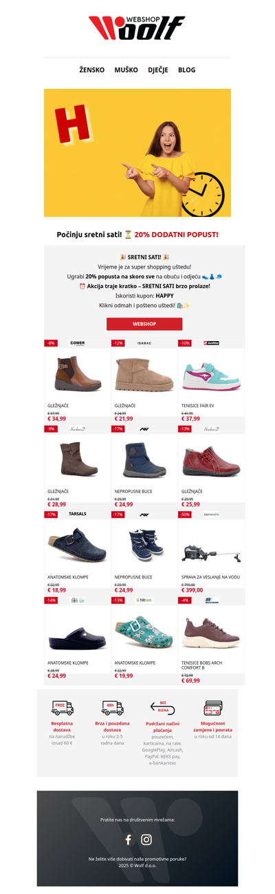 ⏰ Sretni sati! 20% dodatni popust na obuću i odjeću!