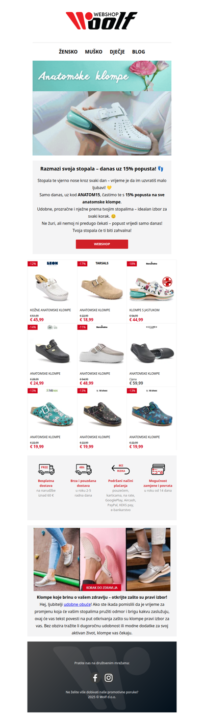 🎁 SVE KLOMPE 15% povoljnije! Samo danas!