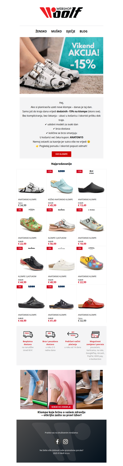 ⏰ Još danas: -15% na klompe (skoro sve!)
