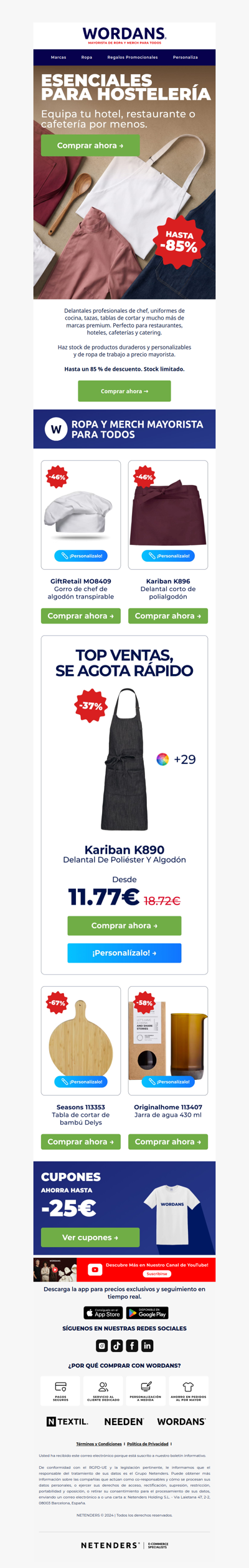 Delantales de chef y uniformes de cocina: hasta -85 % de dto mayorista