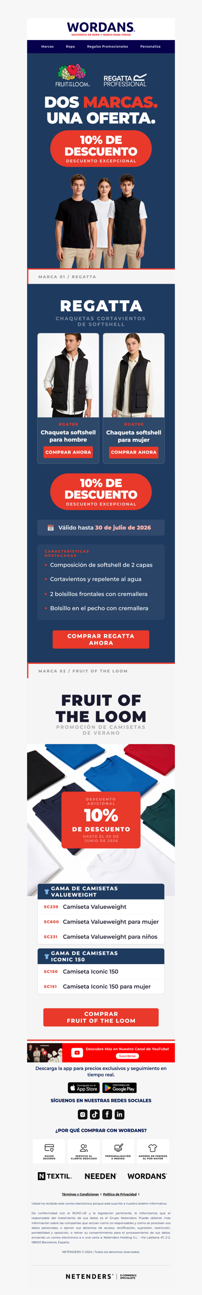 🔥 10% DE DESCUENTO en Regatta + Fruit of the Loom! ¡Consíguelo antes de que se acabe!