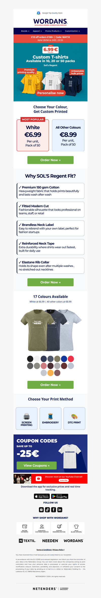 Pack of 50 from €6.99 per unit | SOL'S Regent Fit 👕
