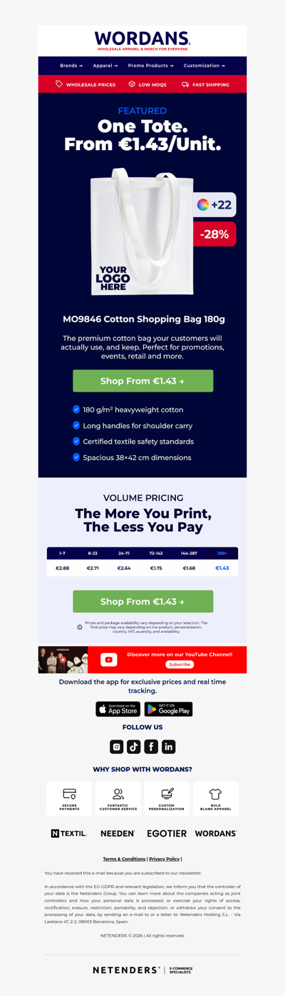 🛍️ One Tote. From €1.43/Unit.