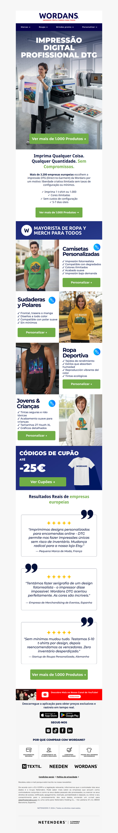 Impressão DTG a Cores Completas: Preço Mais Baixo | Sem Mínimos | Qualidade Fotográfica