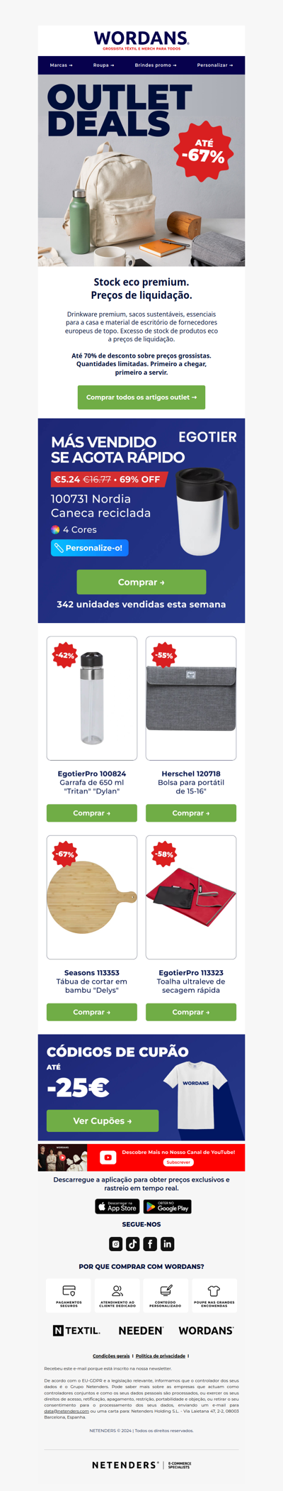 Liquidação de armazém: produtos promocionais com 67% de desconto