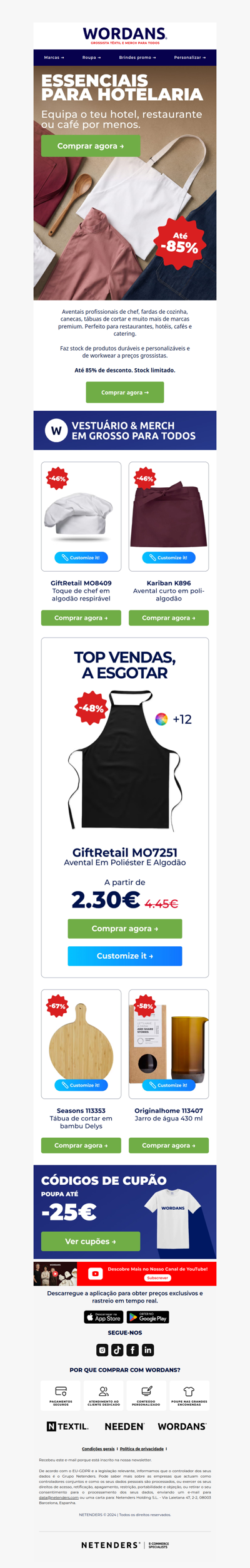 Aventais de chef e fardas de cozinha: até -85% de desconto grossista