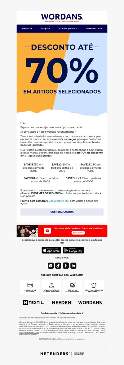 Venda em todo o site até 70% de desconto