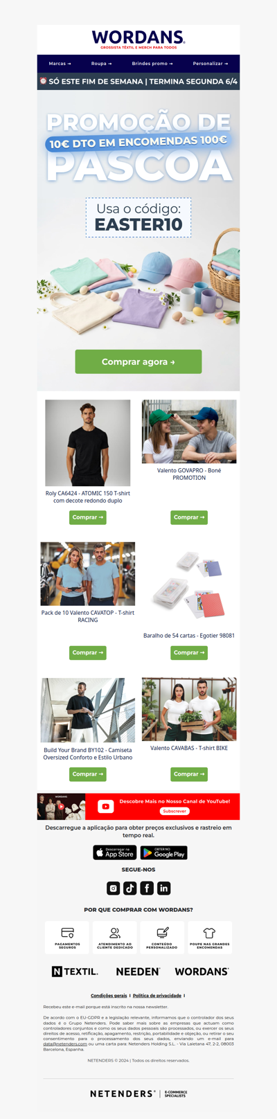 🐰 Promoção de Páscoa: €10 DTO em €100+ com código EASTER10