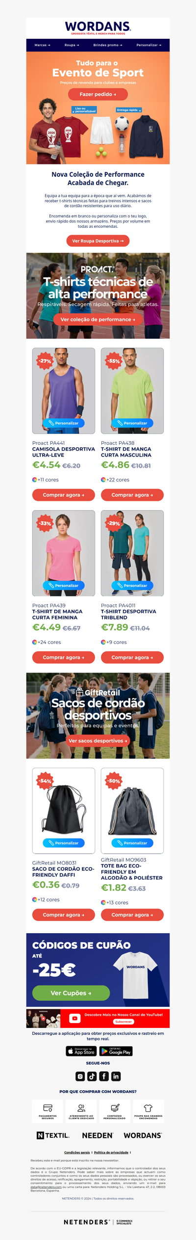 👕 Roupa Desportiva A Partir de €4,50 | T-shirts Técnicas & Sacos de Cordão
