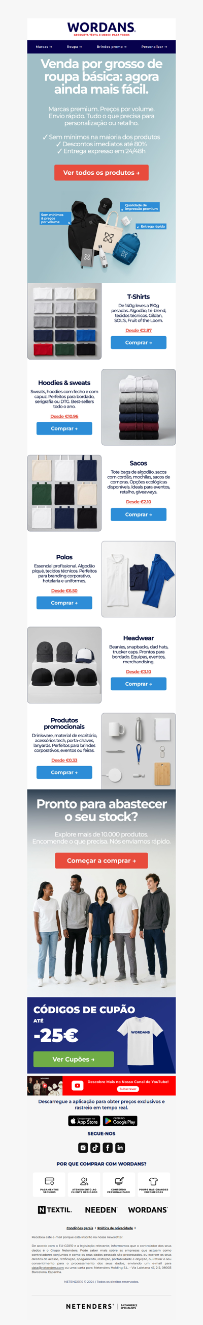 T-shirts desde 2,87€ | Hoodies, sacos, polos e mais