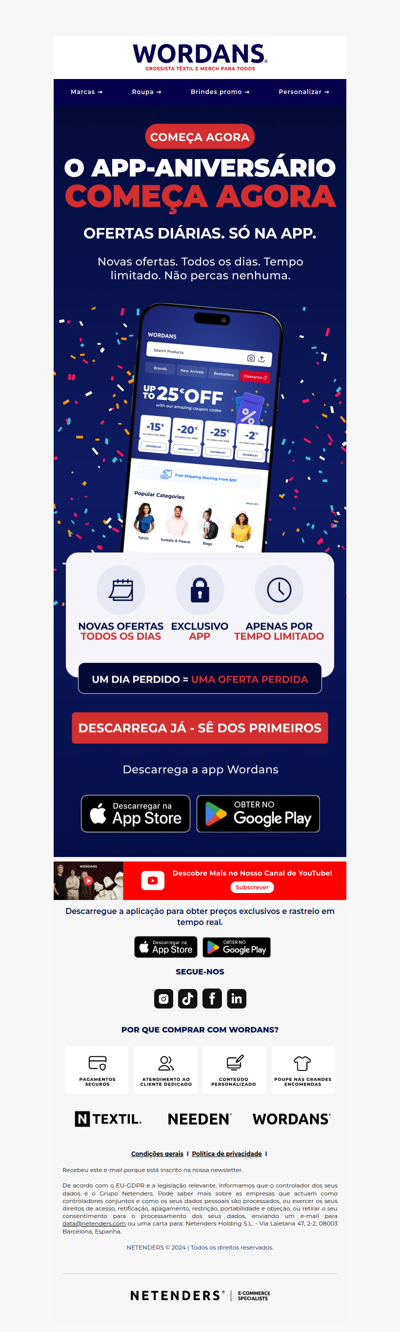 O app-aniversário começa agora! 🎉 Ofertas diárias no interior