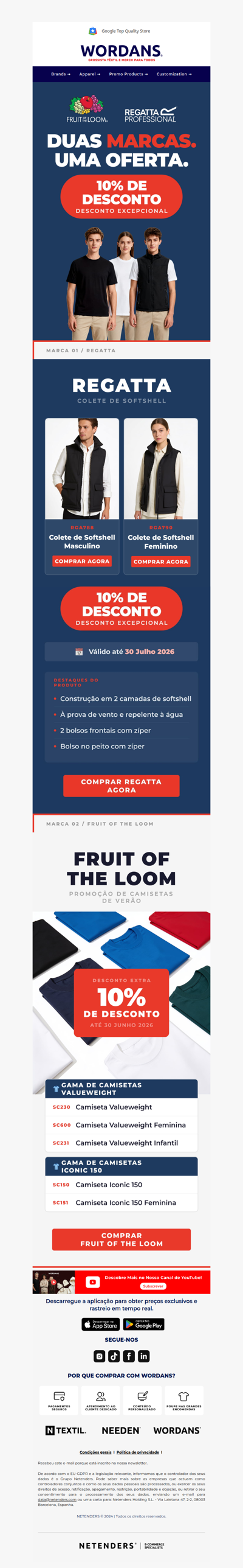 🔥 10% DE DESCONTO na Regatta + Fruit of the Loom! Aproveite antes que acabe!