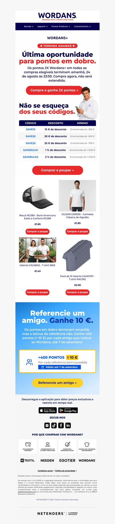 ⏳ Pontos em dobro terminam amanhã + não se esqueça dos seus códigos