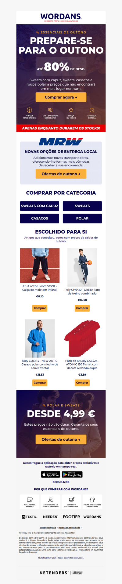 Essenciais de outono: até 80 % de desconto em sweats, polares e casacos 🍂