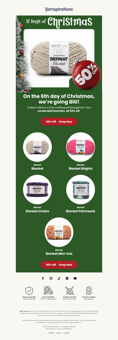 Day 8 Deal: 50% Off Bernat Yarns