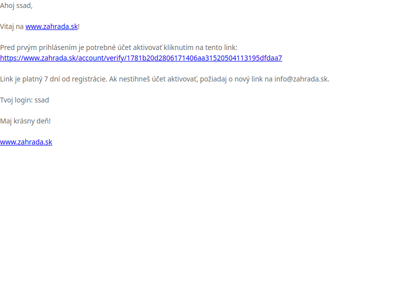 www.zahrada.sk : Tvoj aktivačný link na prihlásenie