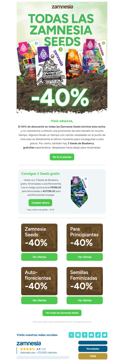 Últimas horas: 40% de descuento en todas las Zamnesia Seeds