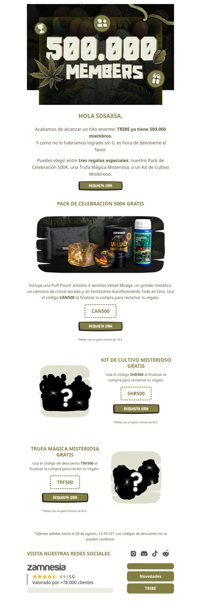 500.000 miembros. 3 regalos. Tú decides. 🎁