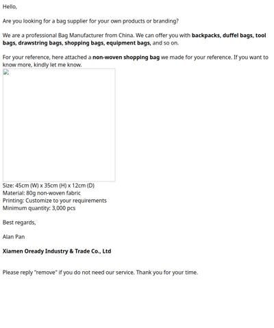 Re: Bag Manufacturer (Non-woven shopping bag) 2025/11/1321:27:04