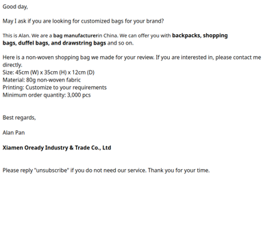 Re: Bag supplier (Shopping bag) 2026/1/1419:18:08