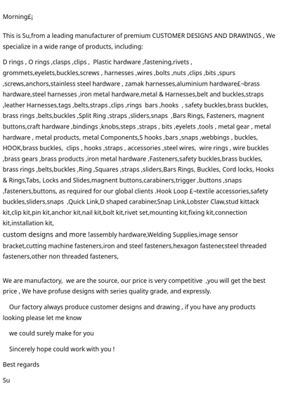 ,clasps ,clips ,  Plastic hardware ,fastening,rivets , grommets,eyelets,buckles,screws , harnesses ,wires ,bolts ,nuts ,clips ,bits ,spurs ,screws,anchors,stainless steel hardware , zamak